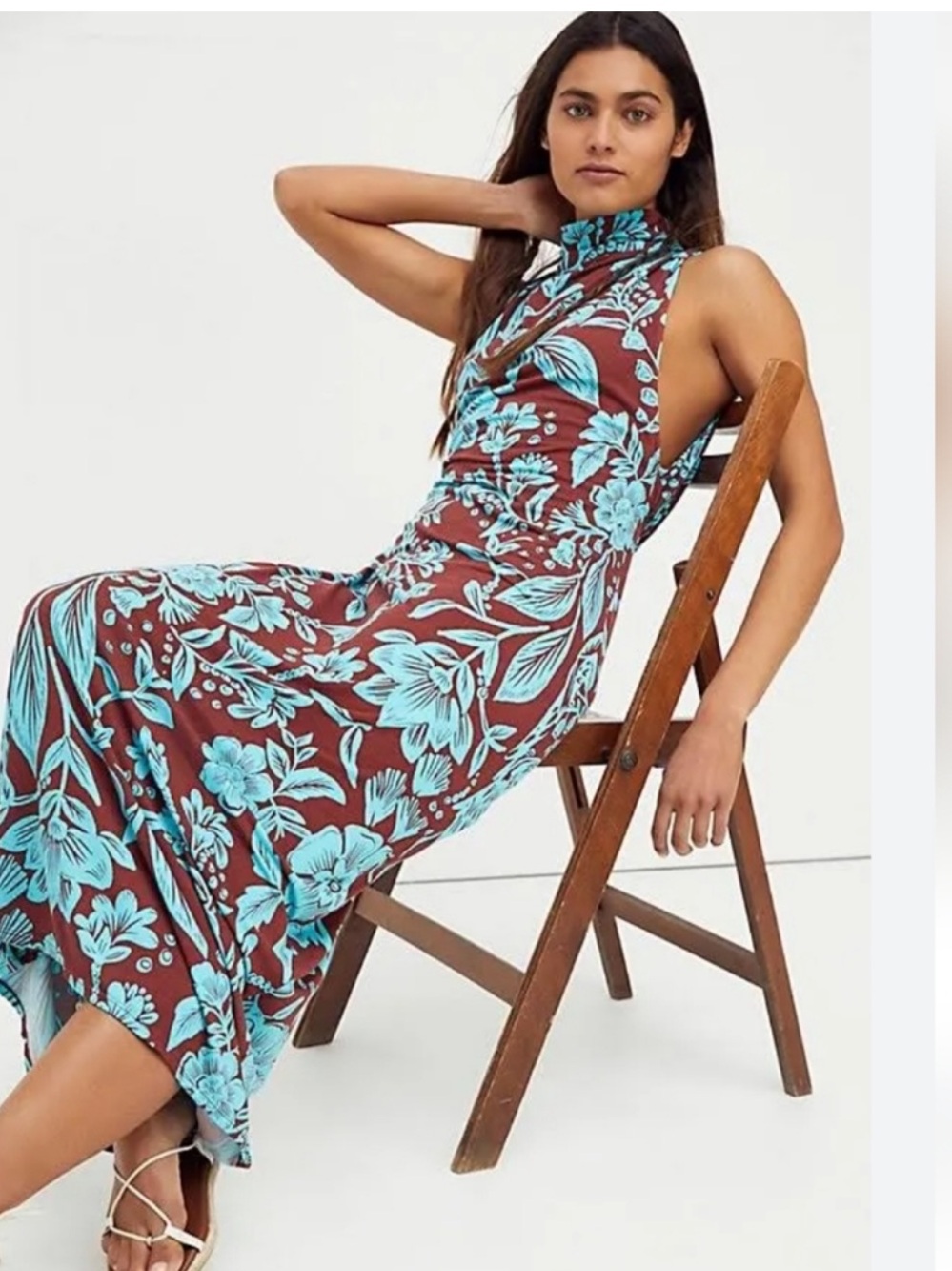 Free People Time to Shine Brown & Aqua Floral Halter Maxi Dress Size XS